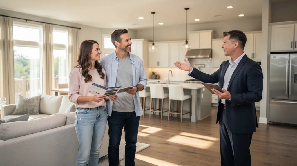 The image shows a couple touring a home with their real estate agent, discussing the features of the property as part of their homebuying process. They appear engaged and excited, likely considering their mortgage preapproval status and the financial documents needed for the mortgage application.