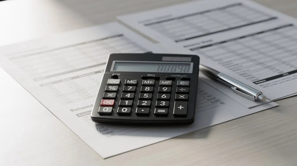 The image features a cluttered desk with various financial documents, including a credit report and loan application, alongside a calculator. This setup suggests preparation for the mortgage preapproval process, essential for understanding monthly payments and overall financial stability in the homebuying process.