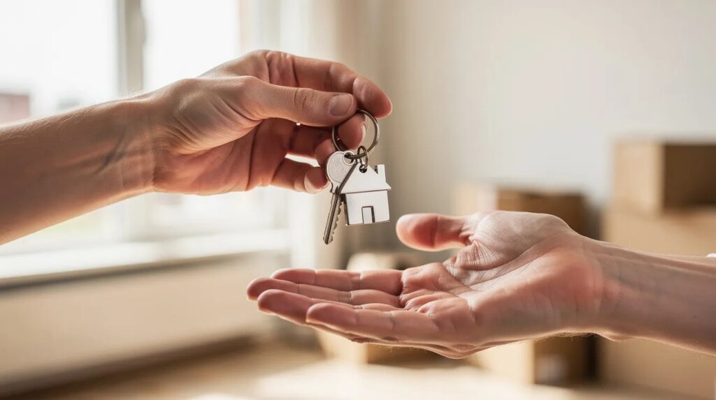 The image shows a pair of house keys being handed over from one person to another, symbolizing the final approval and successful completion of the homebuying process. This moment often follows the mortgage preapproval, where all financial documents, like credit reports and bank statements, have been reviewed by a mortgage loan officer.